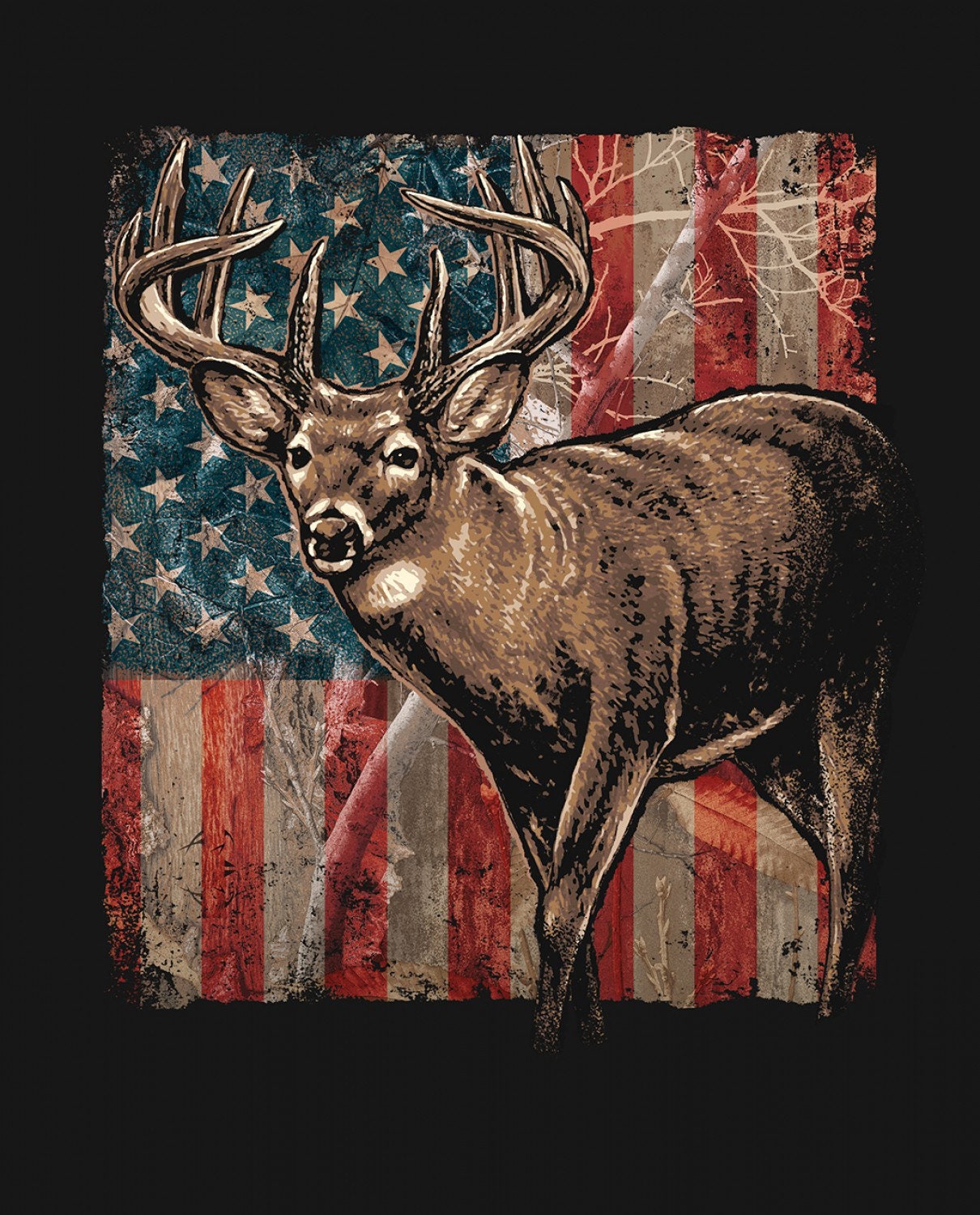 Patriotic Fabric Panel - American Flag Fabric Panel - Deer Fabric - 36” x 44” - Four Seasons by David Textiles - Digital Fabric